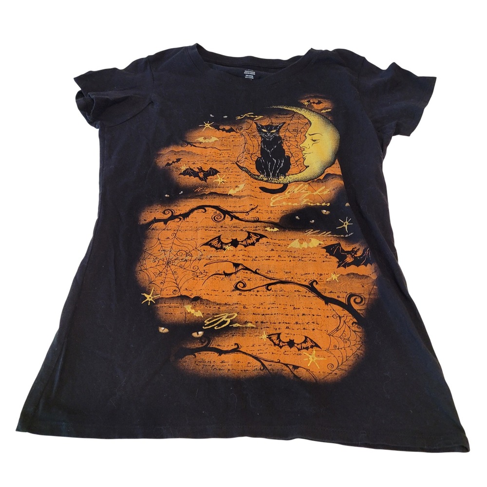 Way to Celebrate Halloween T-Shirt Womens M Black Gold Cat Moon Bats GT38G141G